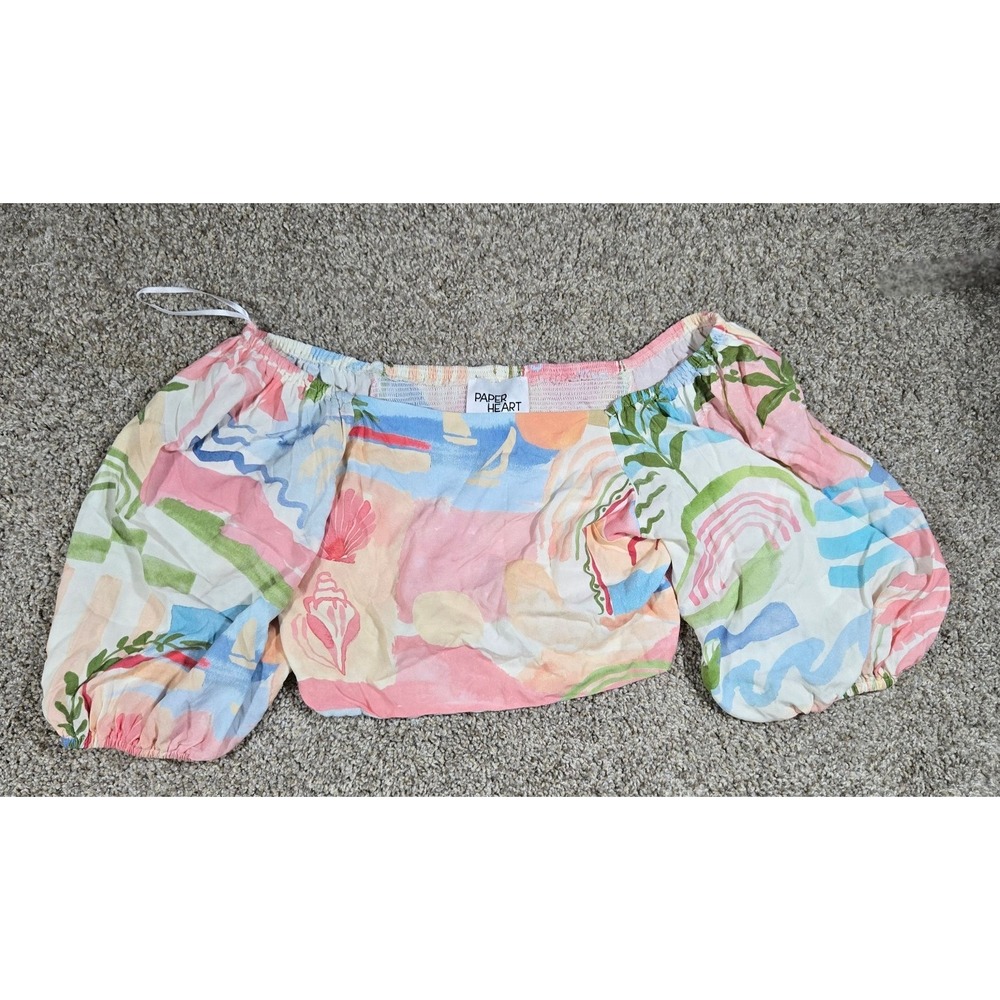 Paper Heart XL Pastel Shell Print Crop Top‎ Off Shoulder Balloon Sleeve - EUC